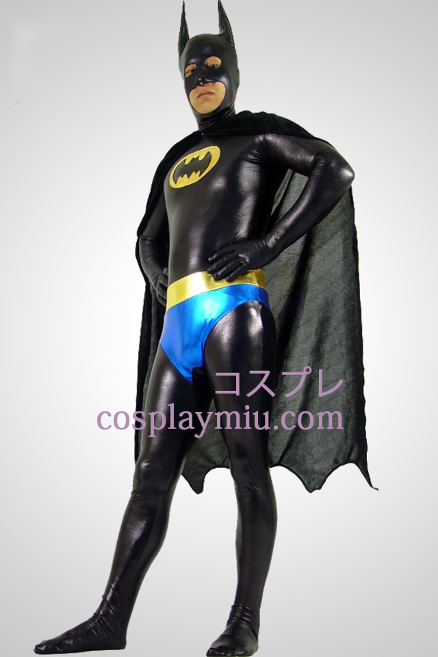 Shiny Metallic Black Batman Zentai kostym med svart Cape