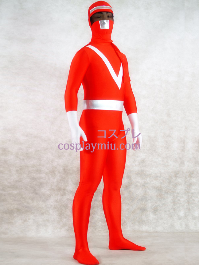 Red Lycra Spandex och Sliver metallskimrande Zentai Suit