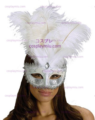 Carnival Mask Big Feather Wt / Sv
