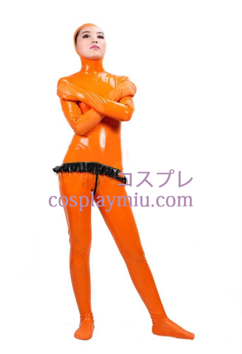 Orange Full Body Täckt Latex Catsuit med Open Face