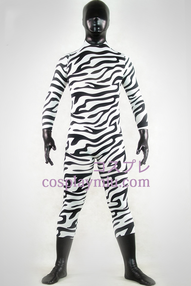 Shiny Metallic Vit och svart Zebra Zentai Suit