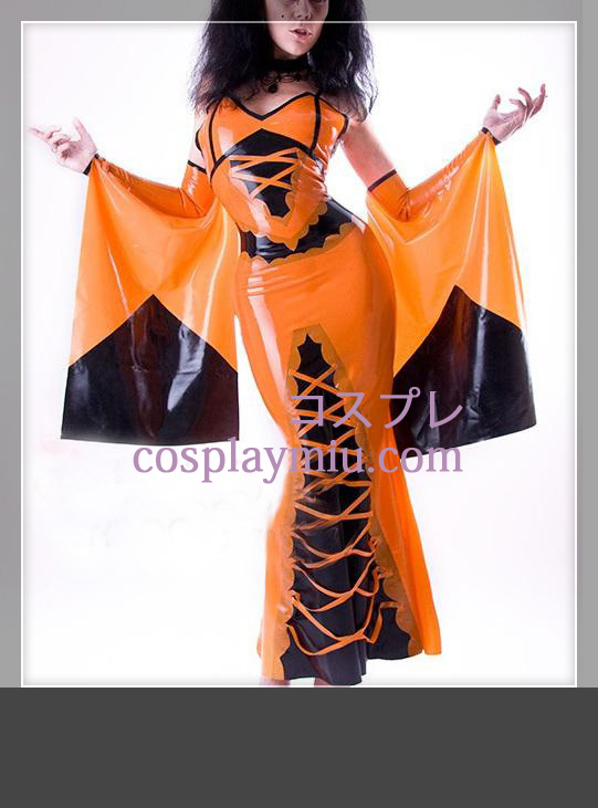 Svart och orange Långärmat Kvinna Latex ett stycke klänning