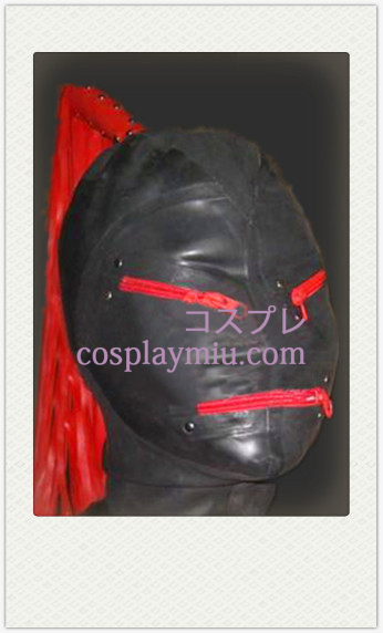 Svart Latex Mask med röd peruk, Blixtlås ögon och mun