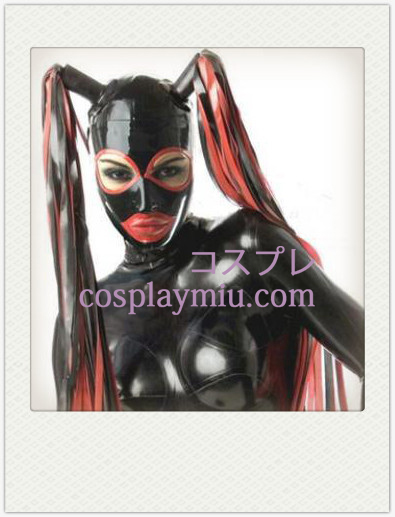 Shiny Black Female Double Tailed Latex Mask med öppna ögon och mun