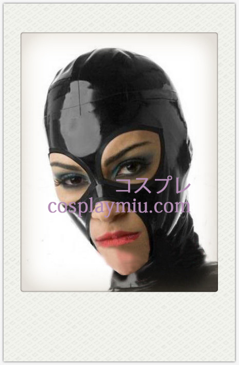 Shiny Black Female Latex Mask med öppna ögon och mun