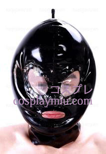 Shiny Svart Två lager Latex Mask med Transparent ögon och öppen mun