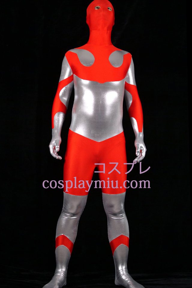 Red Lycra Spandex och silver metallskimrande Unisex Zentai Suit